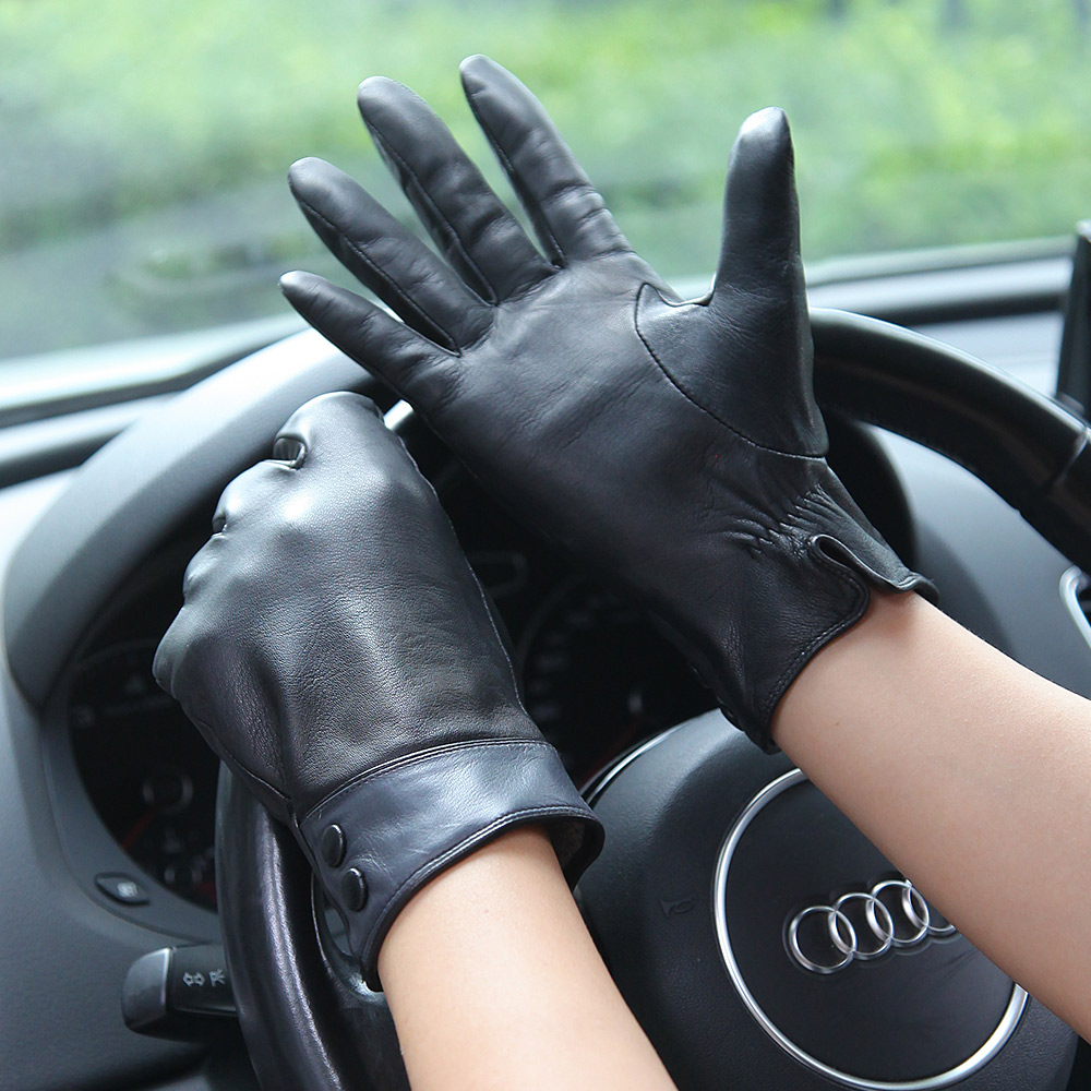 Wool Glove Lined - Mode Schwarz Echt Leder Handschuhe Weibliche